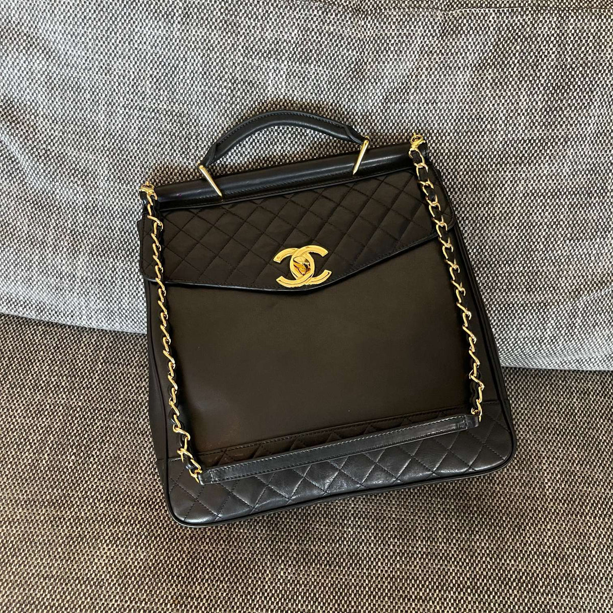 CHANEL 26S TOP HANDLE SHOPPING BAG 34 IN BLACK LAMBSKIN GOLD HARDWARE