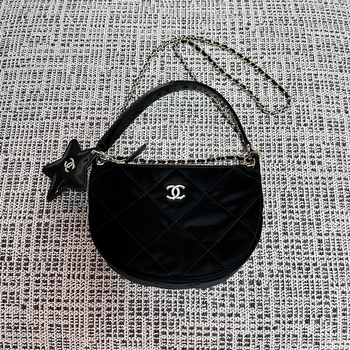 CHANEL 26S STAR CHARM HALF MOON SHOULDER BAG 20 IN BLACK SATIN GOLD HARDWARE