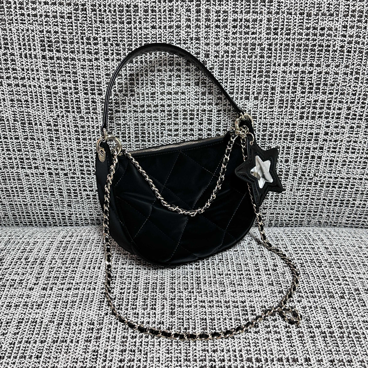 CHANEL 26S STAR CHARM HALF MOON SHOULDER BAG 20 IN BLACK SATIN GOLD HARDWARE