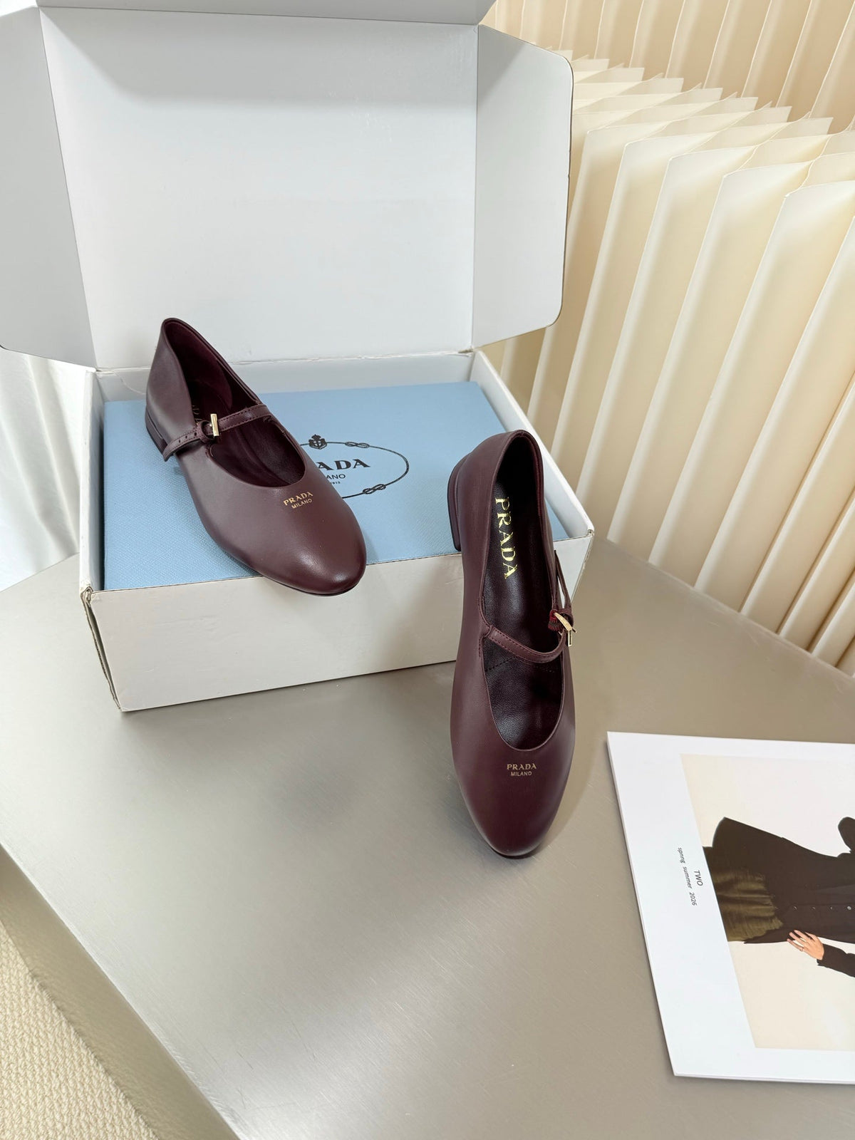 PRADA 26S BALLERINAS IN BURGUNDY SMOOTH CALFSKIN