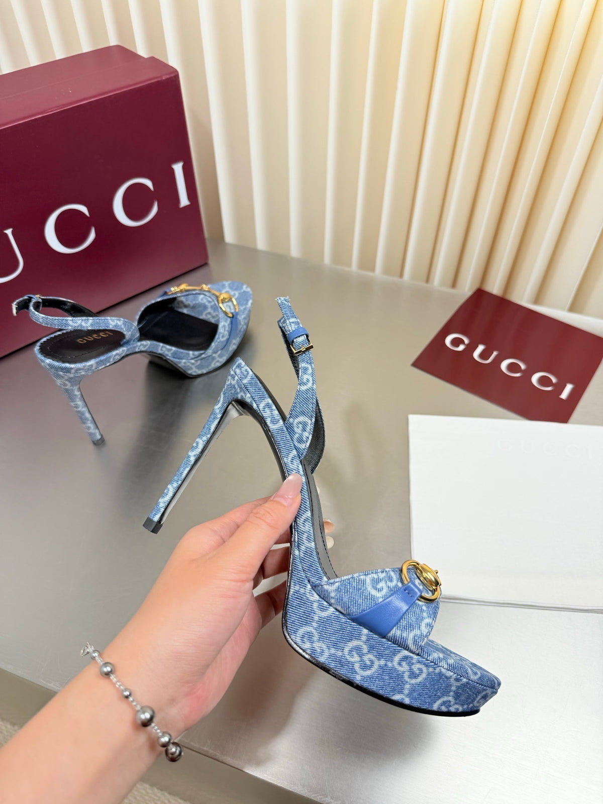 GUCCI 26S SLINGBACK PUMP 105 MM IN BLUE DENIM