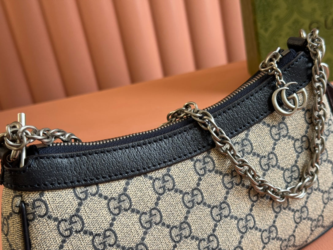 OPHIDIA SHOULDER BAG 25 IN GREY EBONY CANVAS AND BLACK LAMBSKIN SILVER HARDWARE