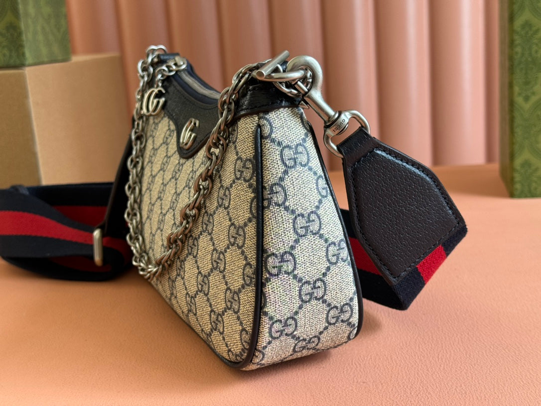 OPHIDIA SHOULDER BAG 25 IN GREY EBONY CANVAS AND BLACK LAMBSKIN SILVER HARDWARE