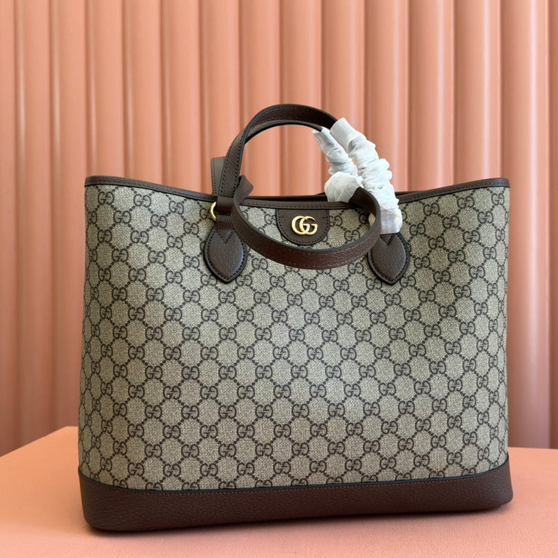 OPHIDIA MEDIUM TOTE BAG 38.5 BEIGE CANVAS AND BROWN CALFSKIN
