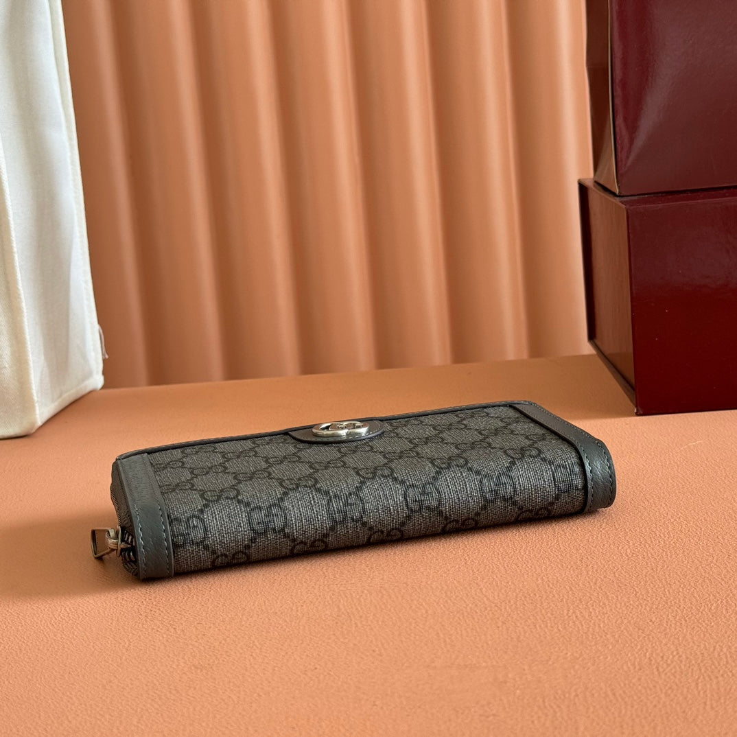 OPHIDIA ZIP AROUND WALLET 19 IN DARK GREY COATED FABRIC AND CALFSKIN