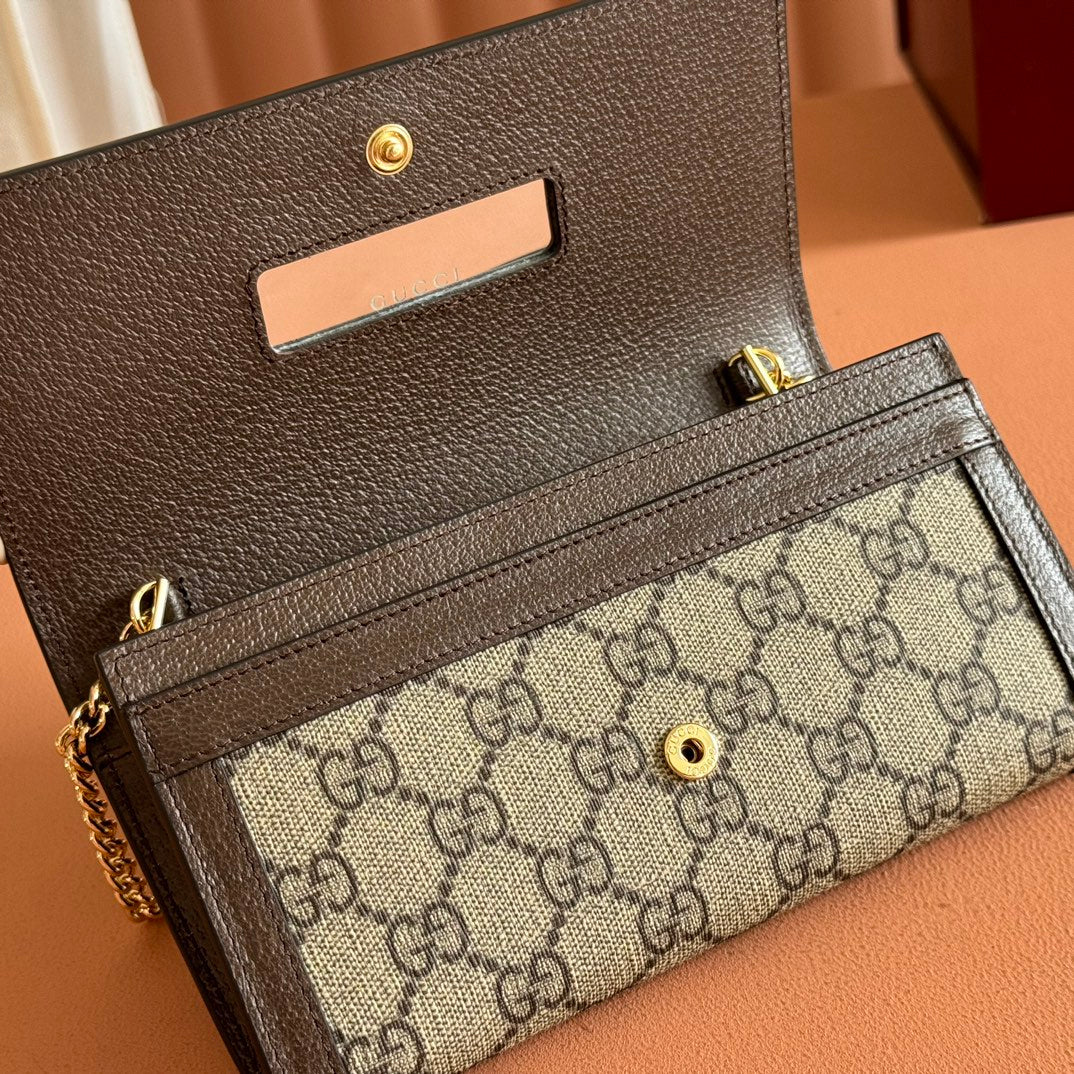 OPHIDIA WALLET ON CHAIN 19 IN BEIGE AND DARK BROWN COATED FABRIC AND CALFSKIN