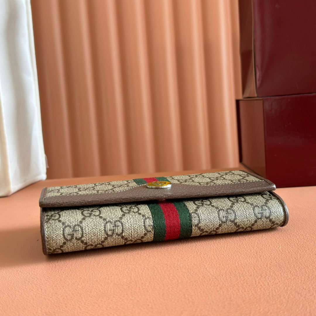 OPHIDIA WALLET ON CHAIN 19 IN BEIGE AND DARK BROWN COATED FABRIC AND BROWN CALFSKIN TRIM