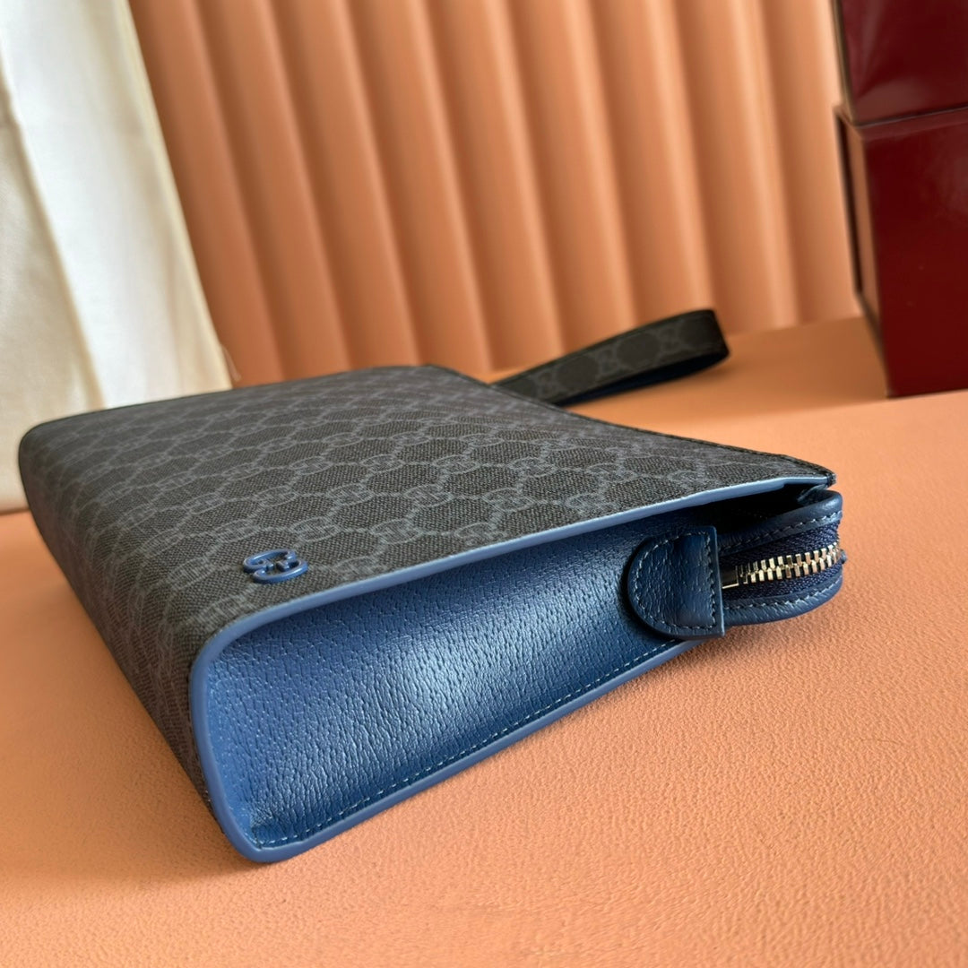 OPHIDIA POUCH 26 IN DARK GREY MONOGRAM CANVAS AND NAVY BLUE CALFSKIN TRIM