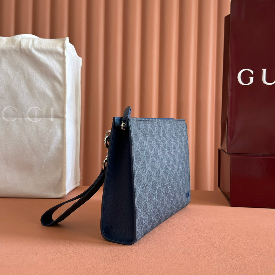 OPHIDIA POUCH 26 IN DARK GREY MONOGRAM CANVAS AND NAVY BLUE CALFSKIN TRIM