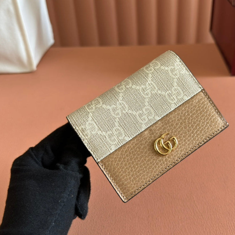 MARMONT BI-COLOUR CARD CASE WALLET 11 IN BEIGE EBONY GG CANVAS BROWN CALFSKIN