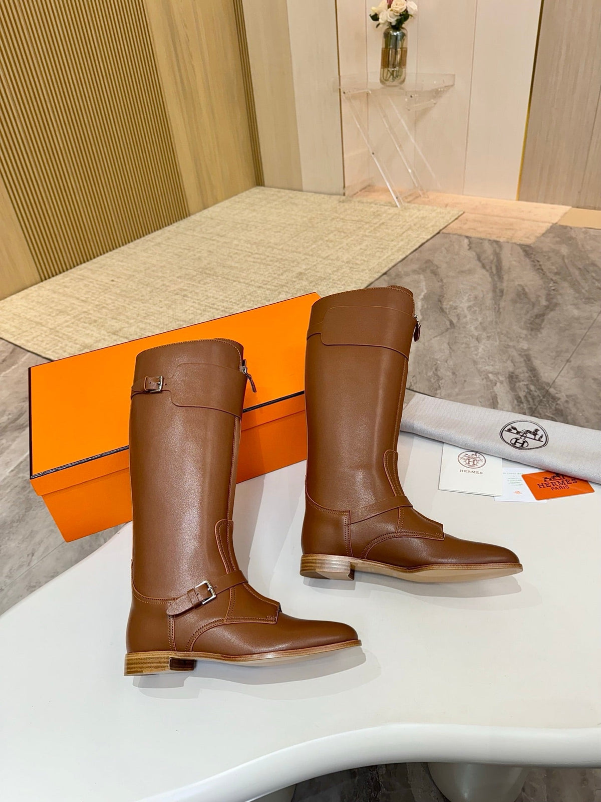 HM 25S RIDING BOOTS IN BROWN LAMBSKIN WITH SILVER HARDWARE