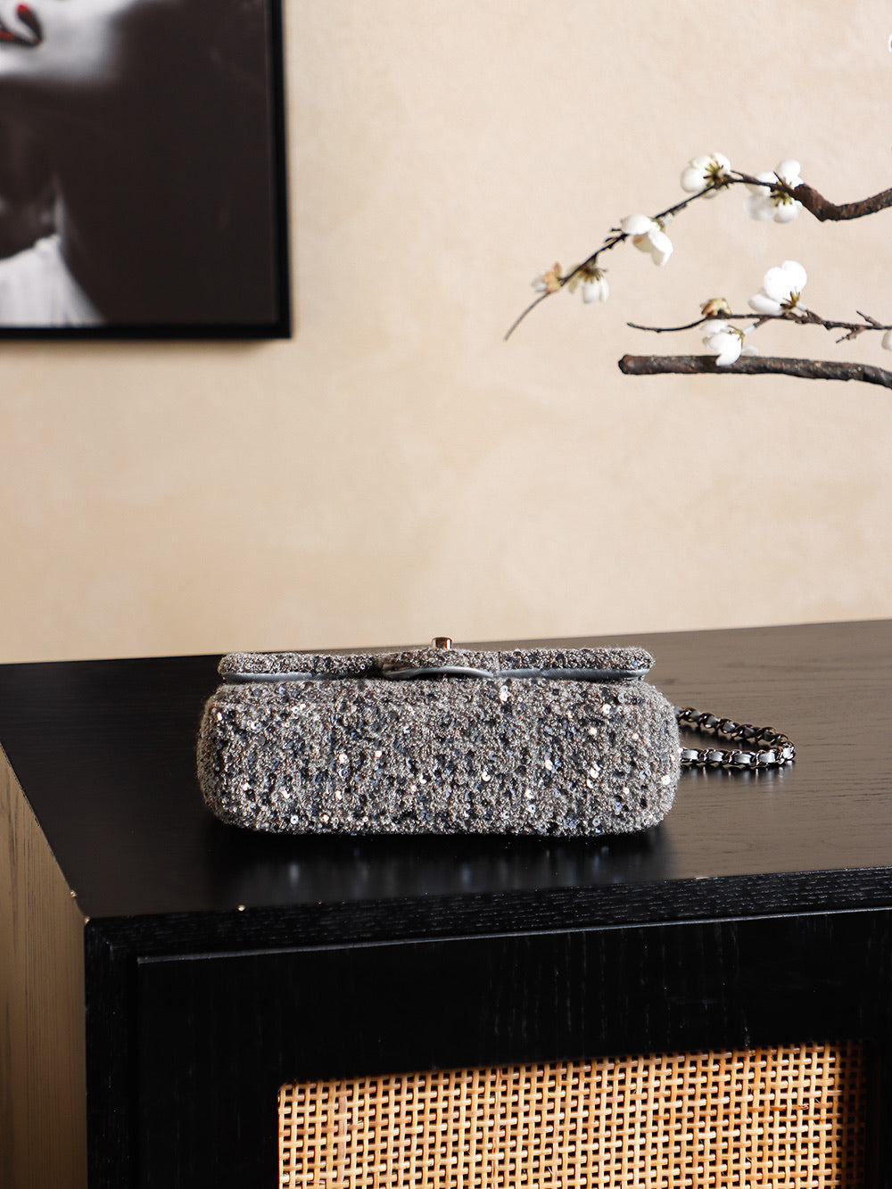 CHANEL 25S FLAP BAG 21 CM IN DARK GREY SEQUINED TWEED
