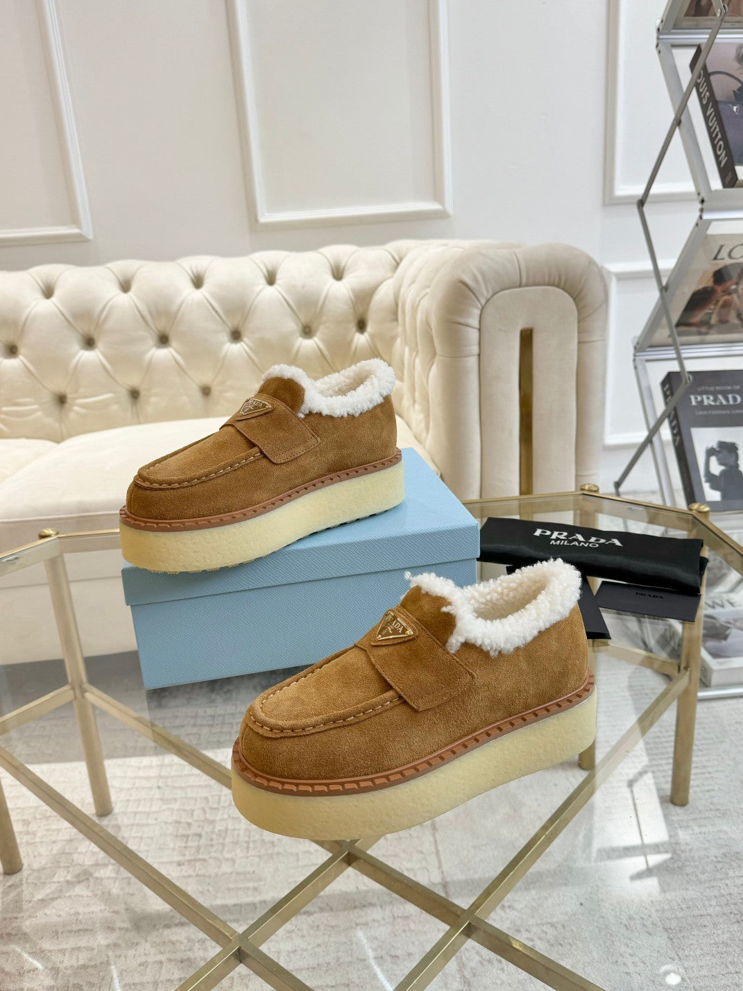 SUEDE LOAFER CAMEL WITH SHEARLING LINING