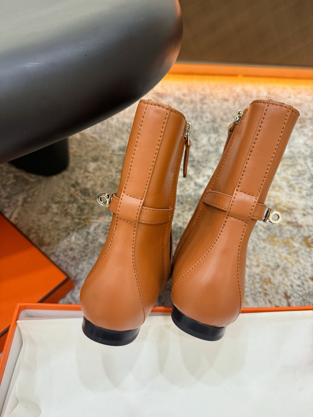 HM 26S FLAT ANKLE BOOTS IN COGNAC BROWN CALFSKIN