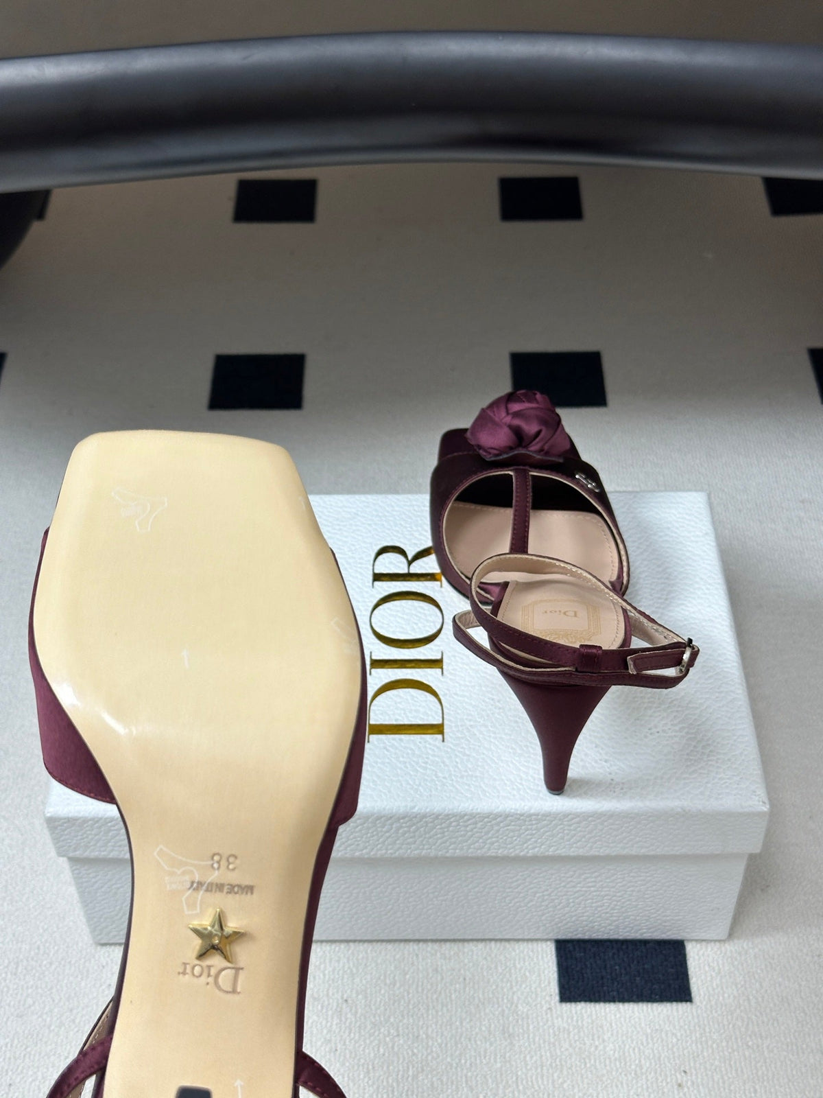 DIOR 26S ROSE HEELED SANDALS 85MM IN BURGUNDY RED SATIN