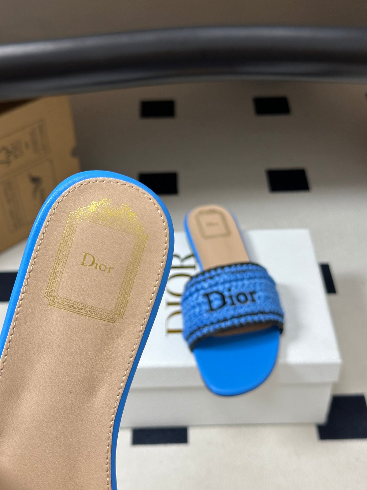 DIOR 26S FLAT SLIDE SANDALS IN BLUE RAFFIA