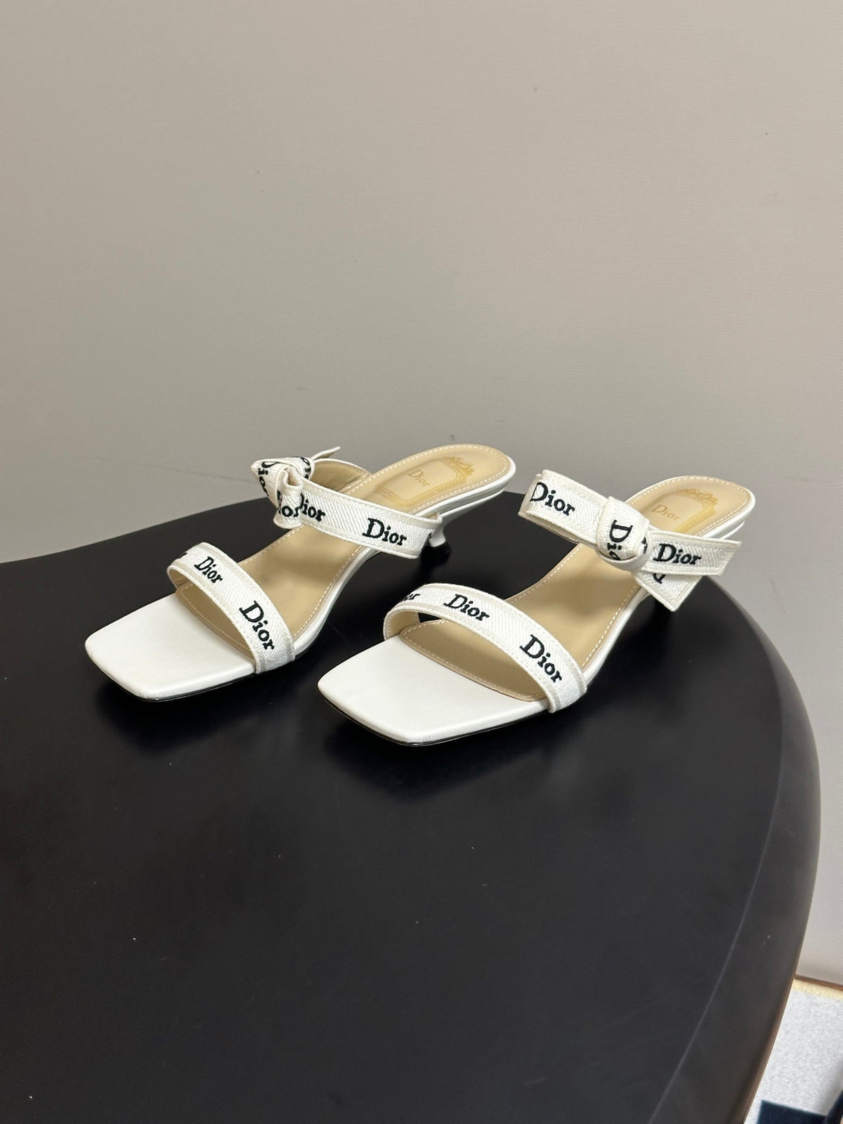 DIOR 26S J'ADIOR MULE SANDALS 35MM IN IVORY WHITE CALFSKIN WITH LOGO RIBBON