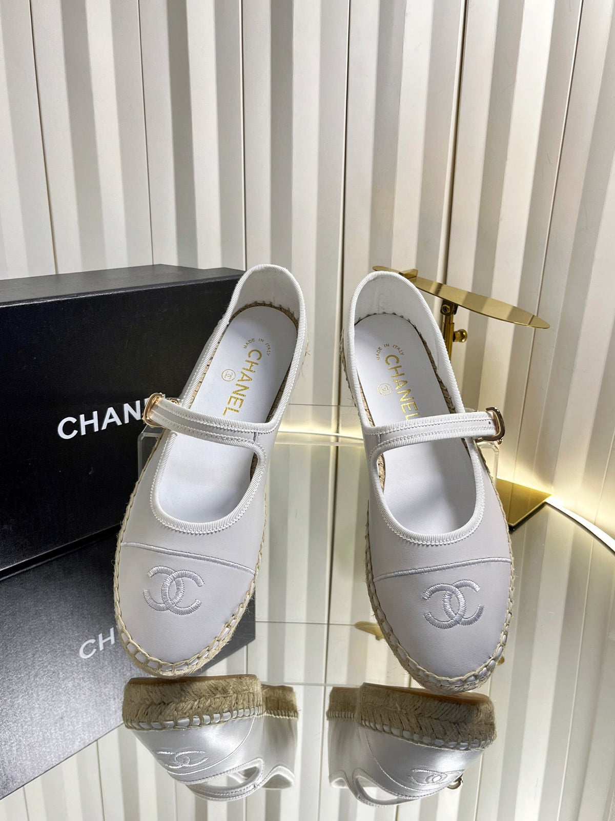 CHANEL 26S ESPADRILLE MARY JANE SHOES IN WHITE LAMBSKIN