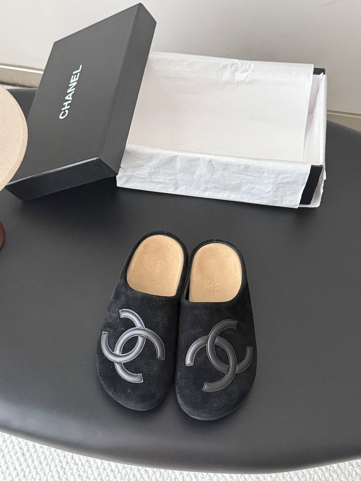 CHANEL 26S MULES IN BLACK SUEDE ROUND TOE