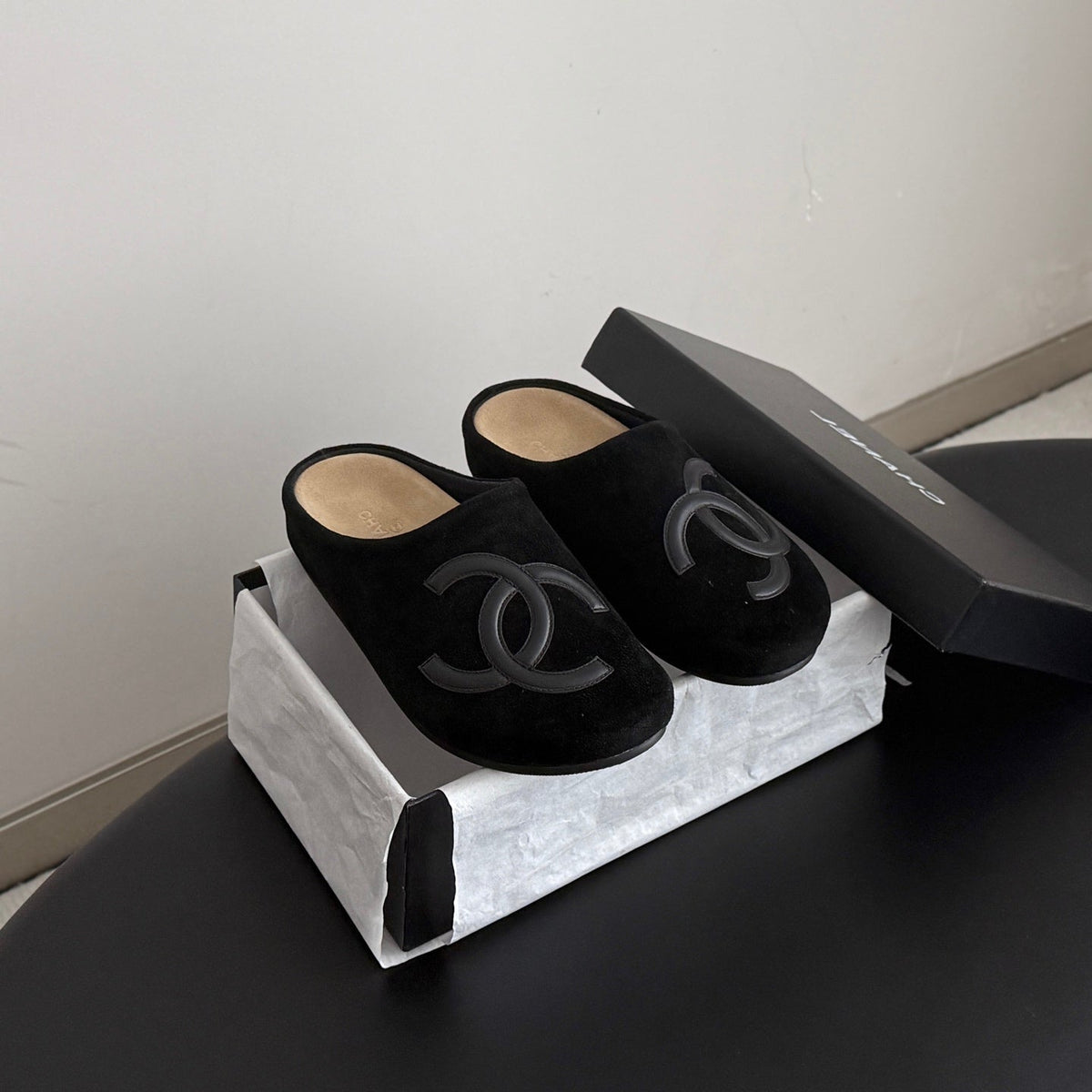 CHANEL 26S MULES IN BLACK SUEDE ROUND TOE