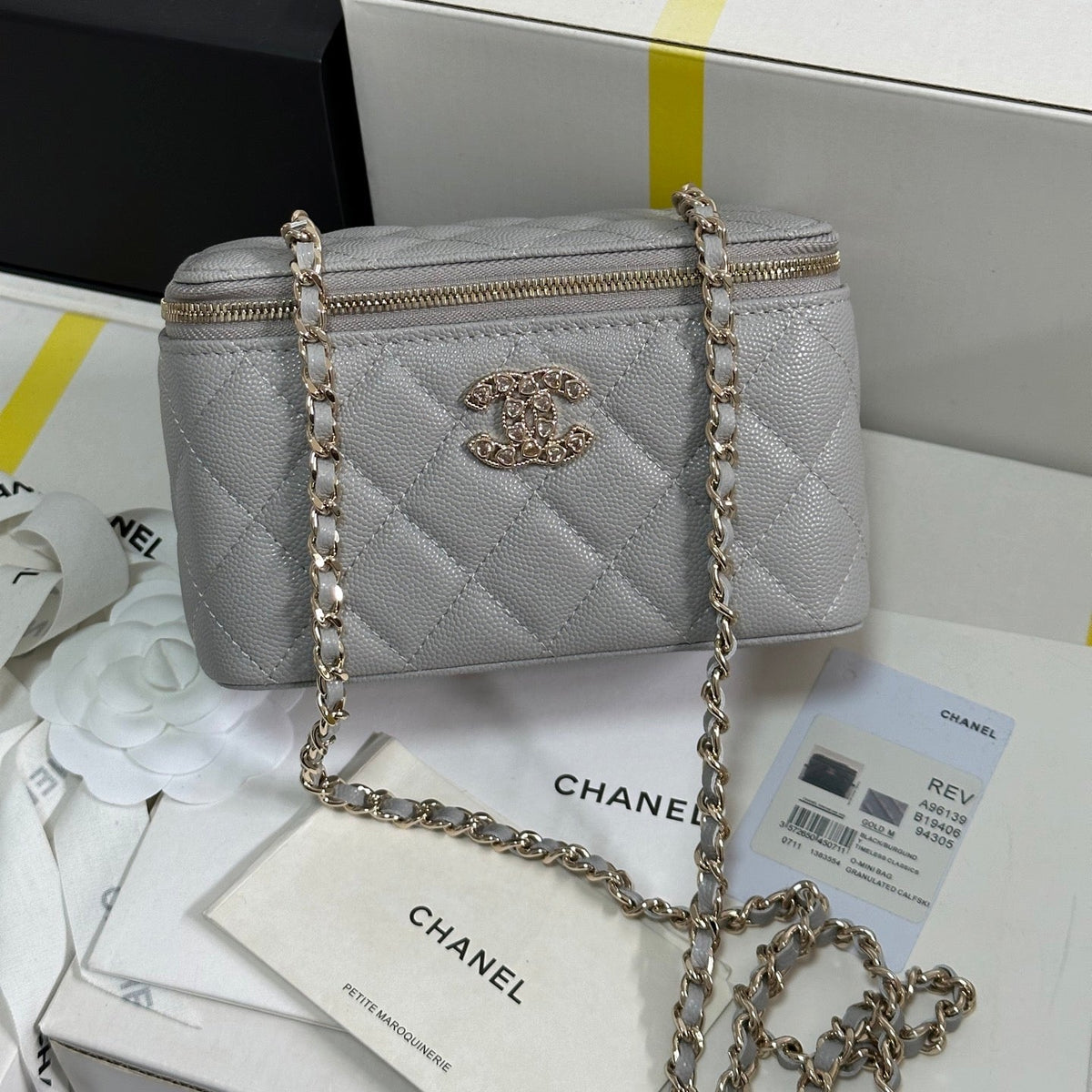 VANITY CASE 17 CRYSTAL STUDDED LOGO IN GREY CALFSKIN GOLD HARDWARE