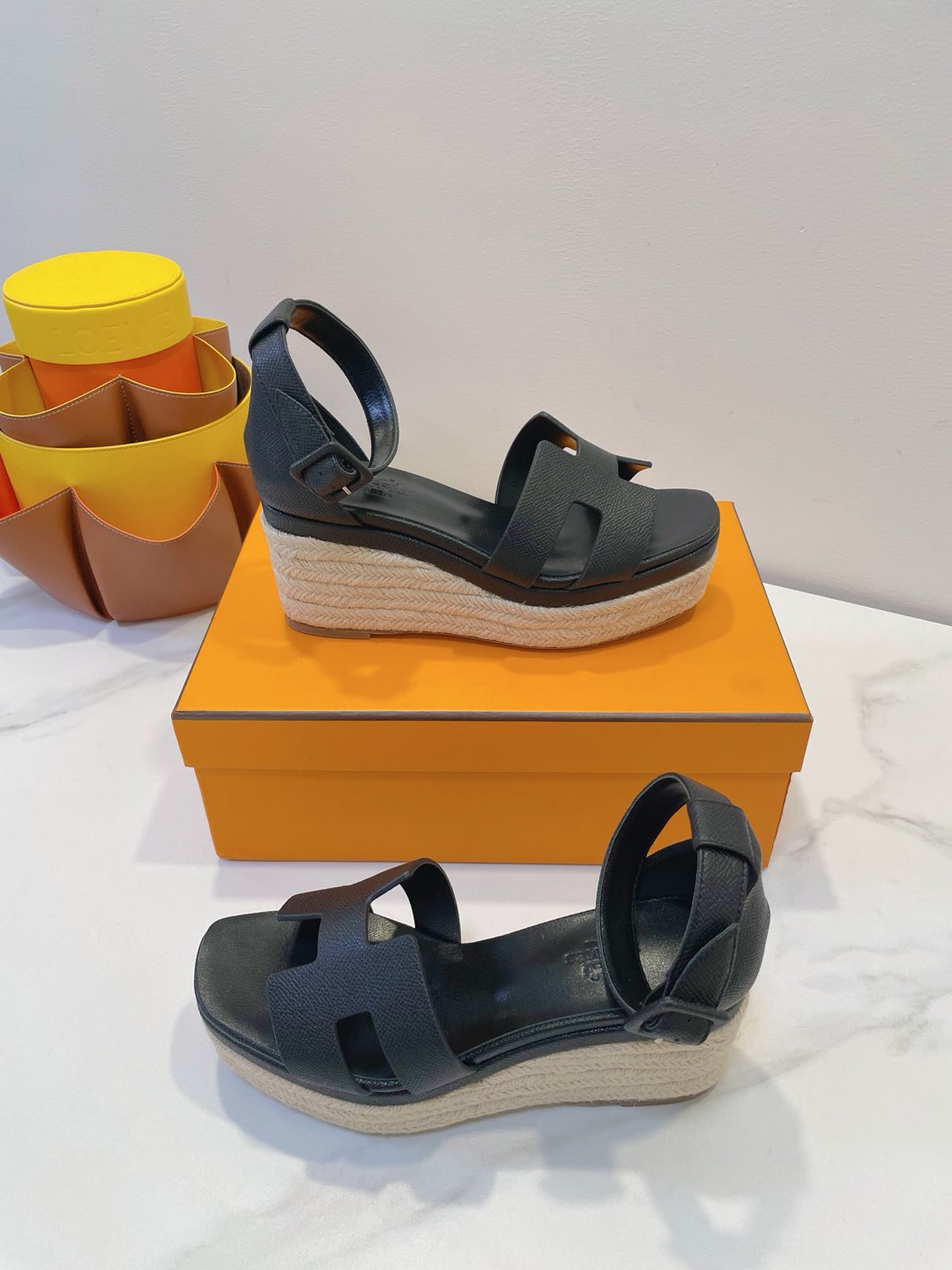 HM 26S ESPADRILLE WEDGE SANDALS IN BLACK CALFSKIN