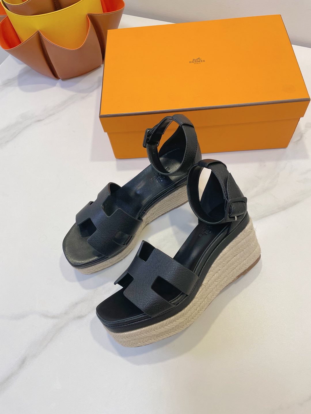 HM 26S ESPADRILLE WEDGE SANDALS IN BLACK CALFSKIN