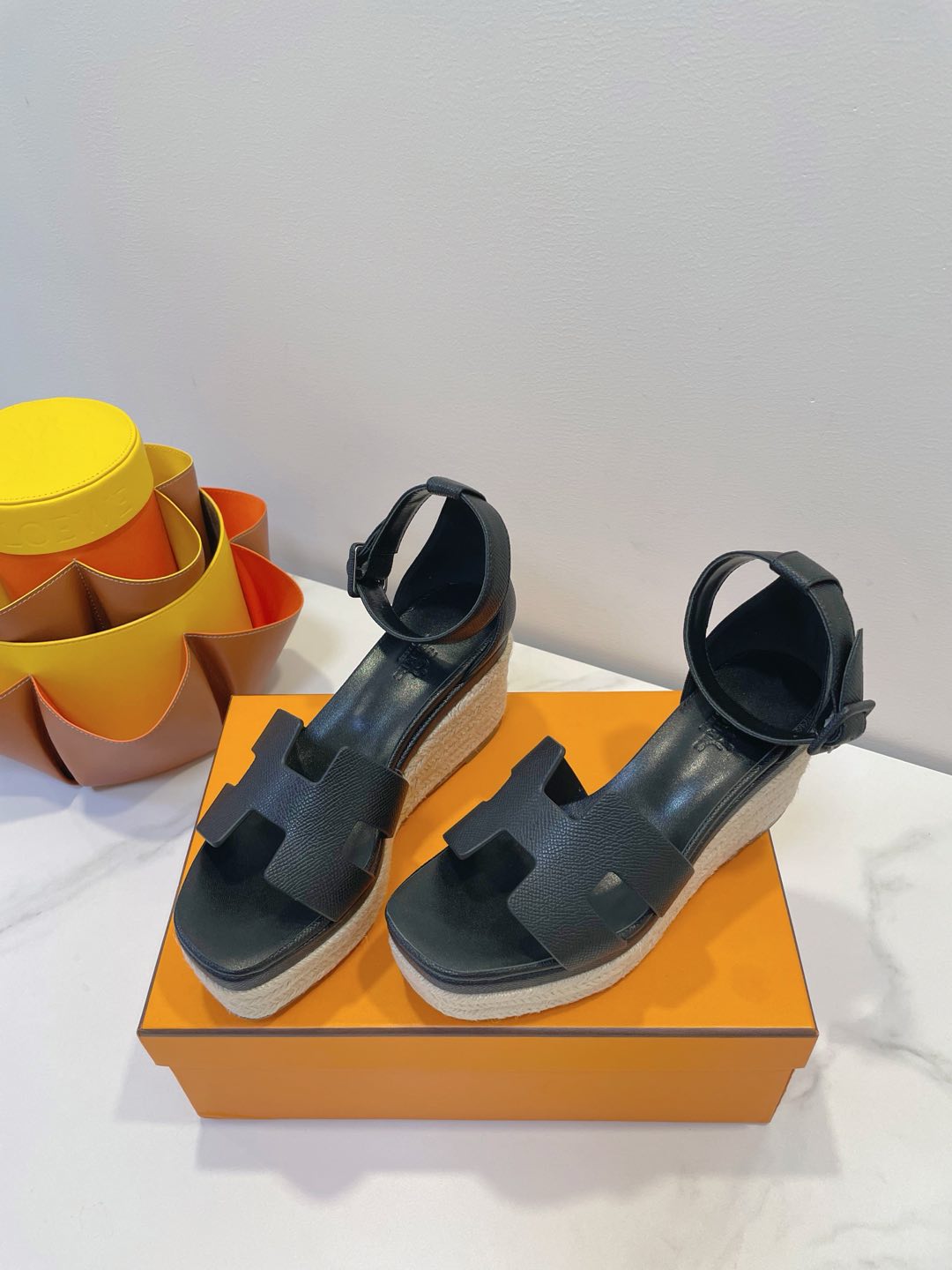 HM 26S ESPADRILLE WEDGE SANDALS IN BLACK CALFSKIN