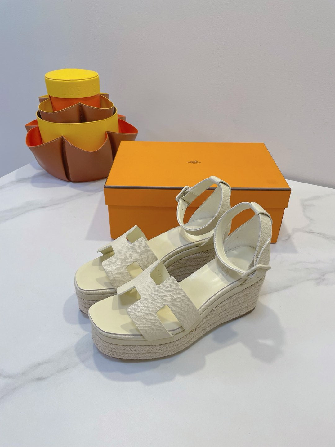 HM 26S ESPADRILLE WEDGE SANDALS IN CREAM WHITE CALFSKIN