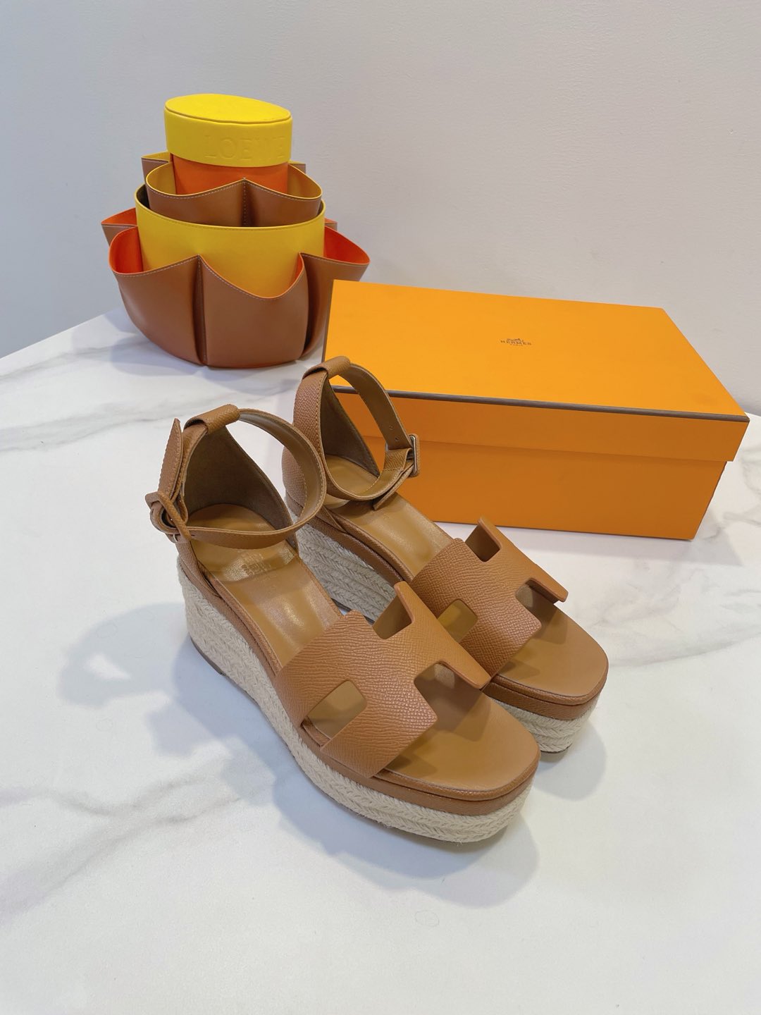 HM 26S ESPADRILLE WEDGE SANDALS IN BROWN CALFSKIN