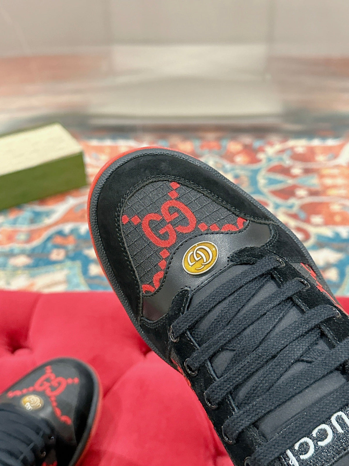 GUCCI 26S SCREENER SNEAKER IN BLACK AND RED GG CANVAS