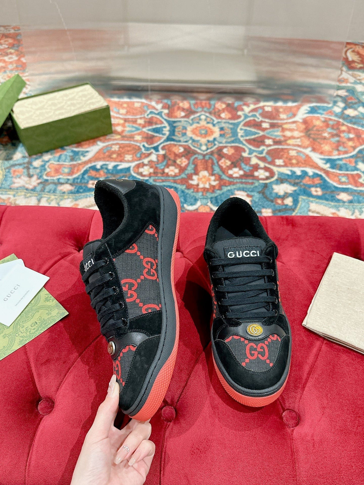 GUCCI 26S SCREENER SNEAKER IN BLACK AND RED GG CANVAS