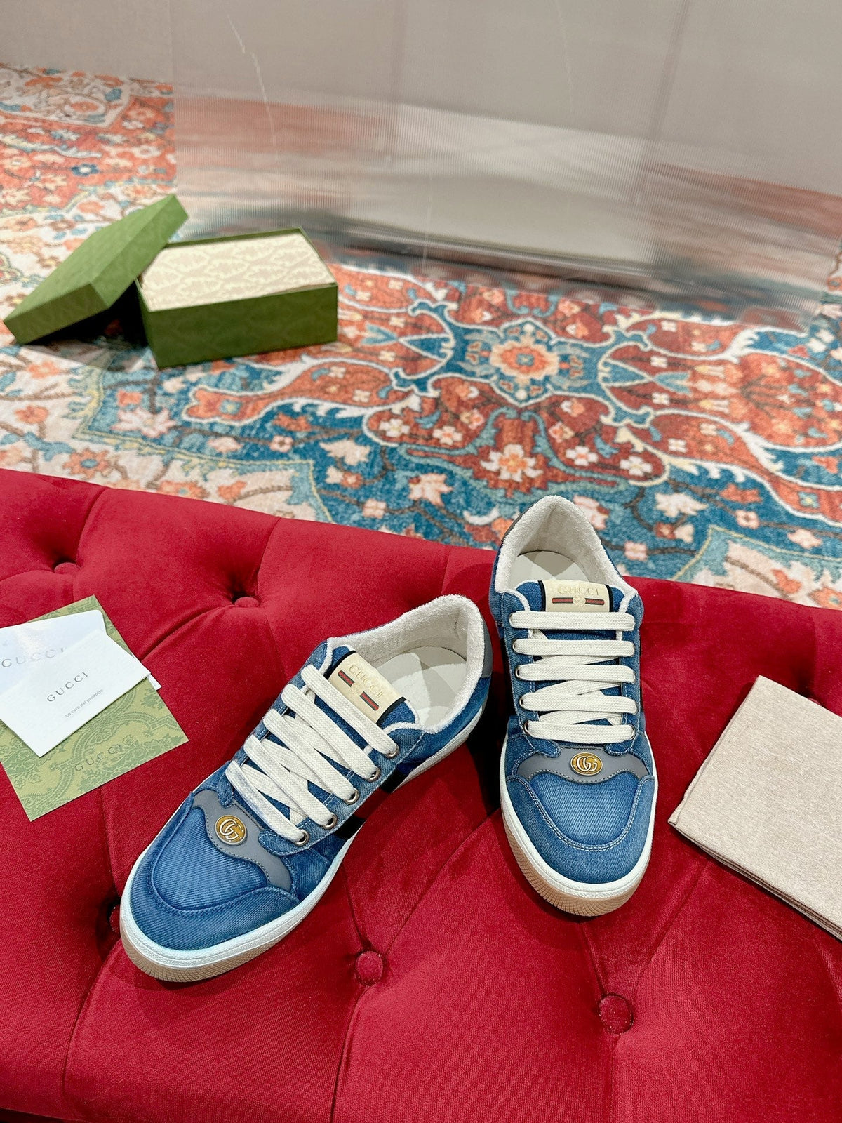 GUCCI 26S SCREENER SNEAKER IN BLUE DENIM AND LEATHER