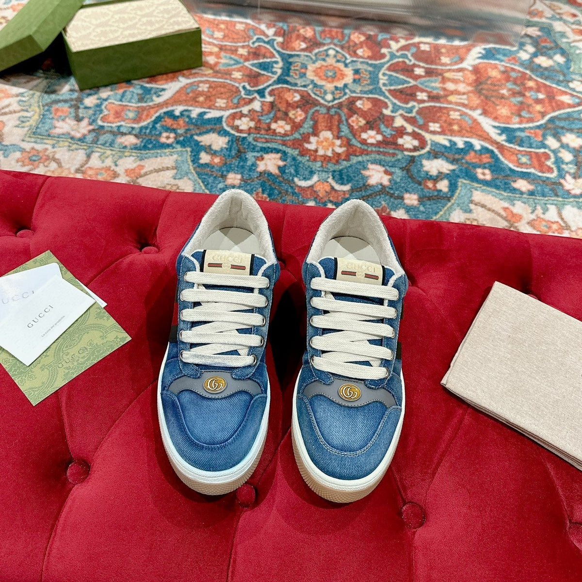 GUCCI 26S SCREENER SNEAKER IN BLUE DENIM AND LEATHER