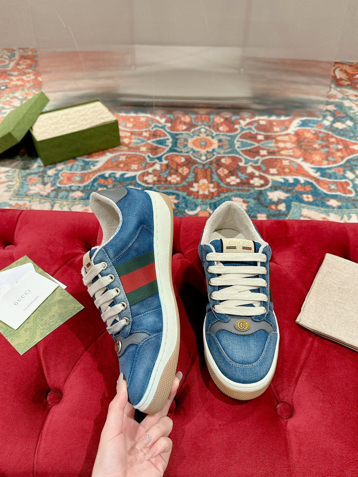 GUCCI 26S SCREENER SNEAKER IN BLUE DENIM AND LEATHER