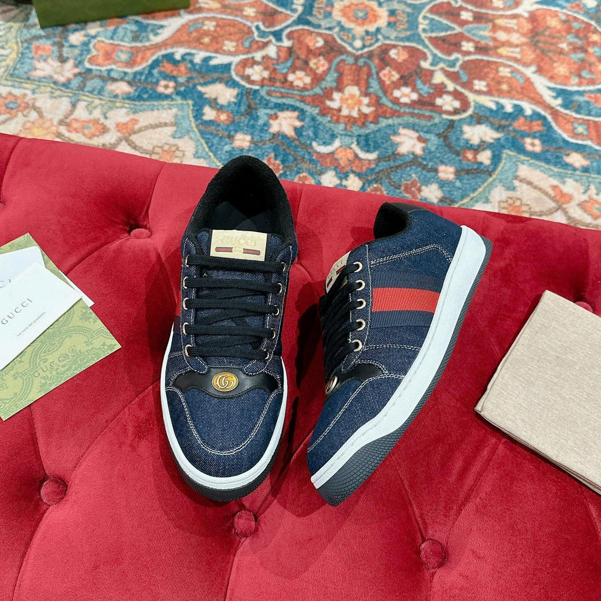 GUCCI 26S SCREENER SNEAKER IN DARK BLUE DENIM AND LEATHER