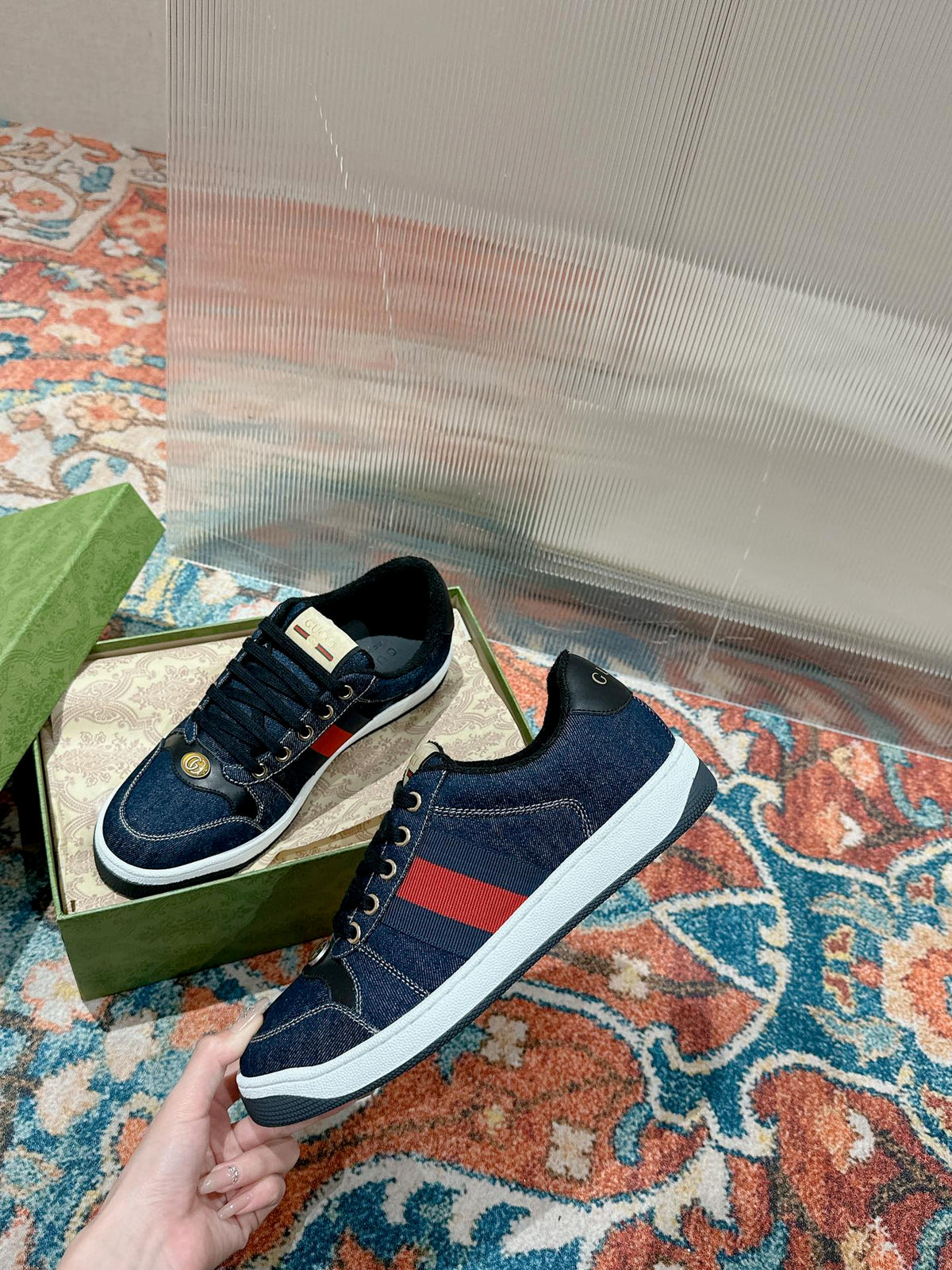 GUCCI 26S SCREENER SNEAKER IN DARK BLUE DENIM AND LEATHER
