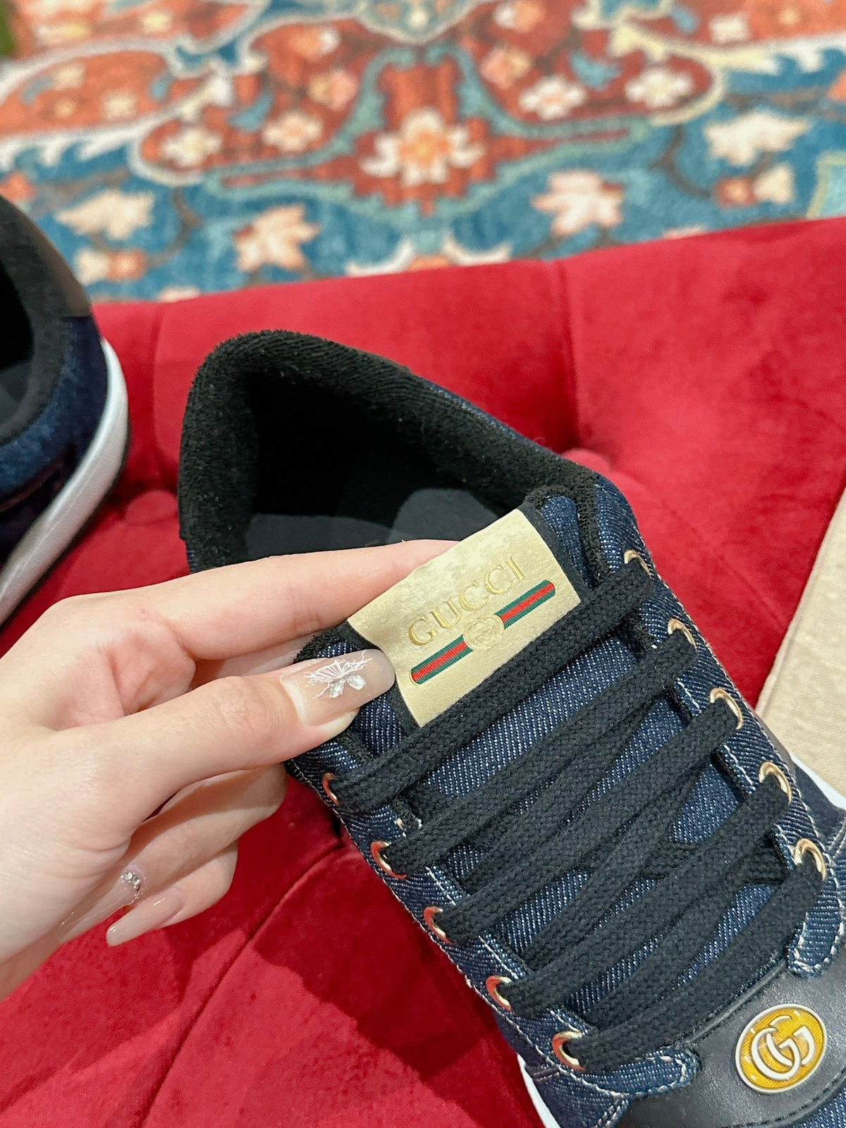 GUCCI 26S SCREENER SNEAKER IN DARK BLUE DENIM AND LEATHER