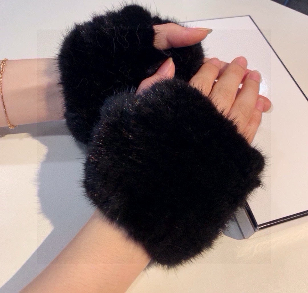 FINGERLESS HALF GLOVES IN BLACK RABBIT FUR 462278