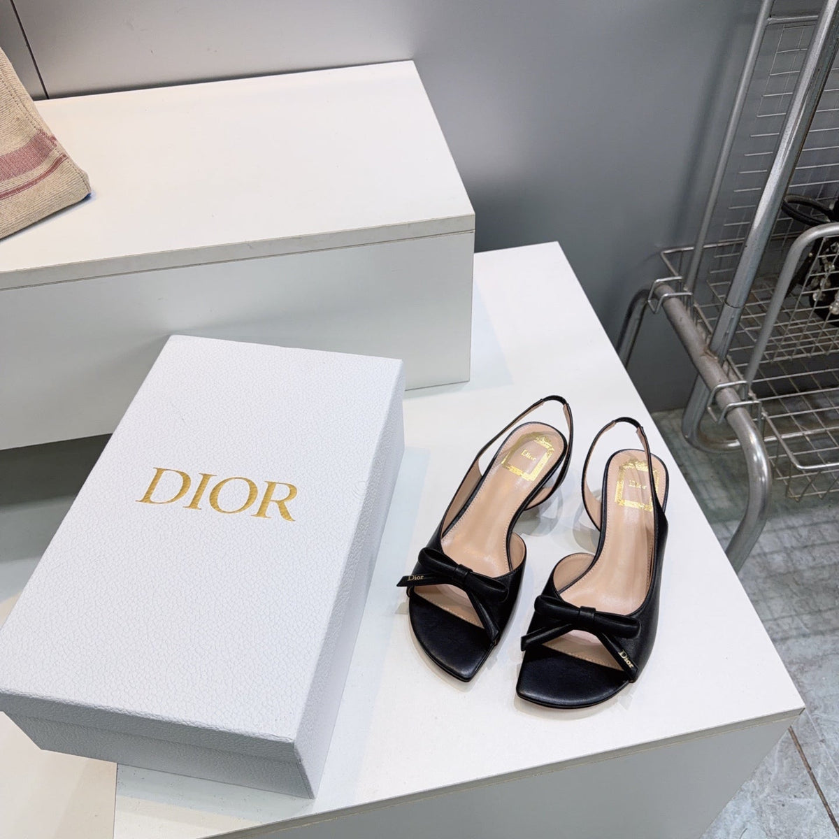 DIOR 26S BOW SLINGBACK SANDALS 45MM IN BLACK CALFSKIN