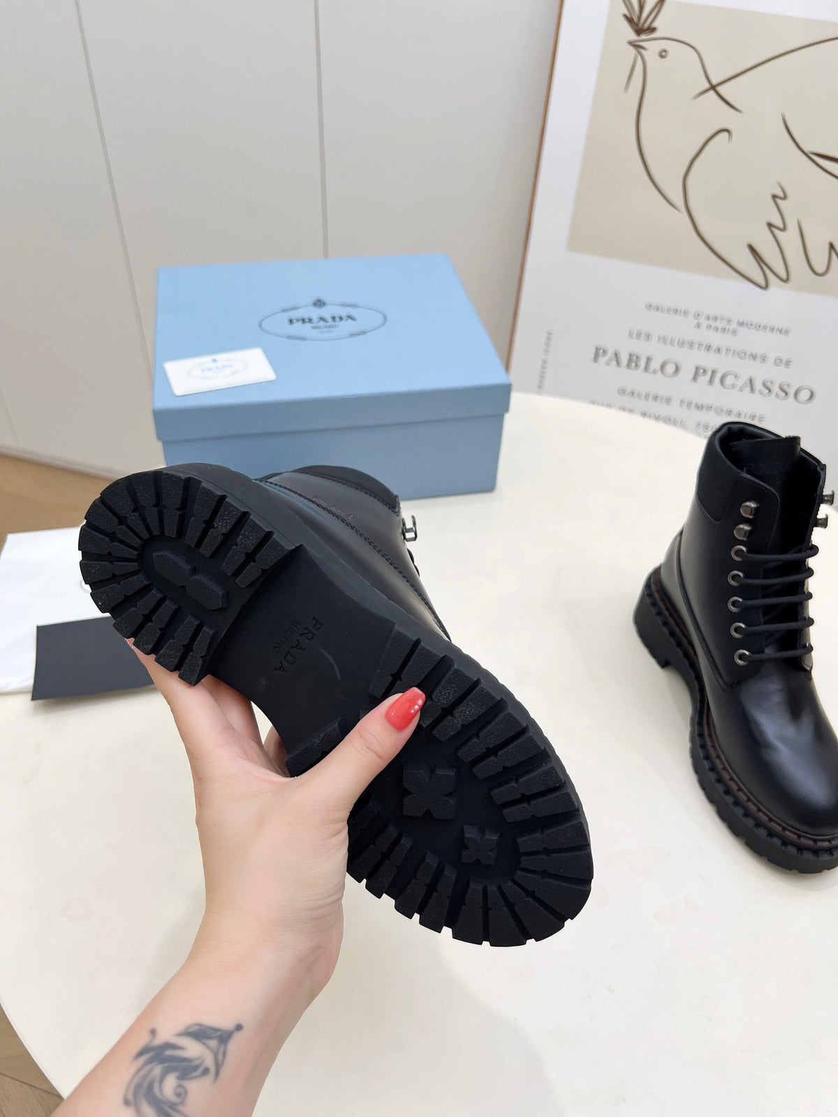 PRADA 25S LACE UP BOOTS BLACK GLOSSY CALFSKIN