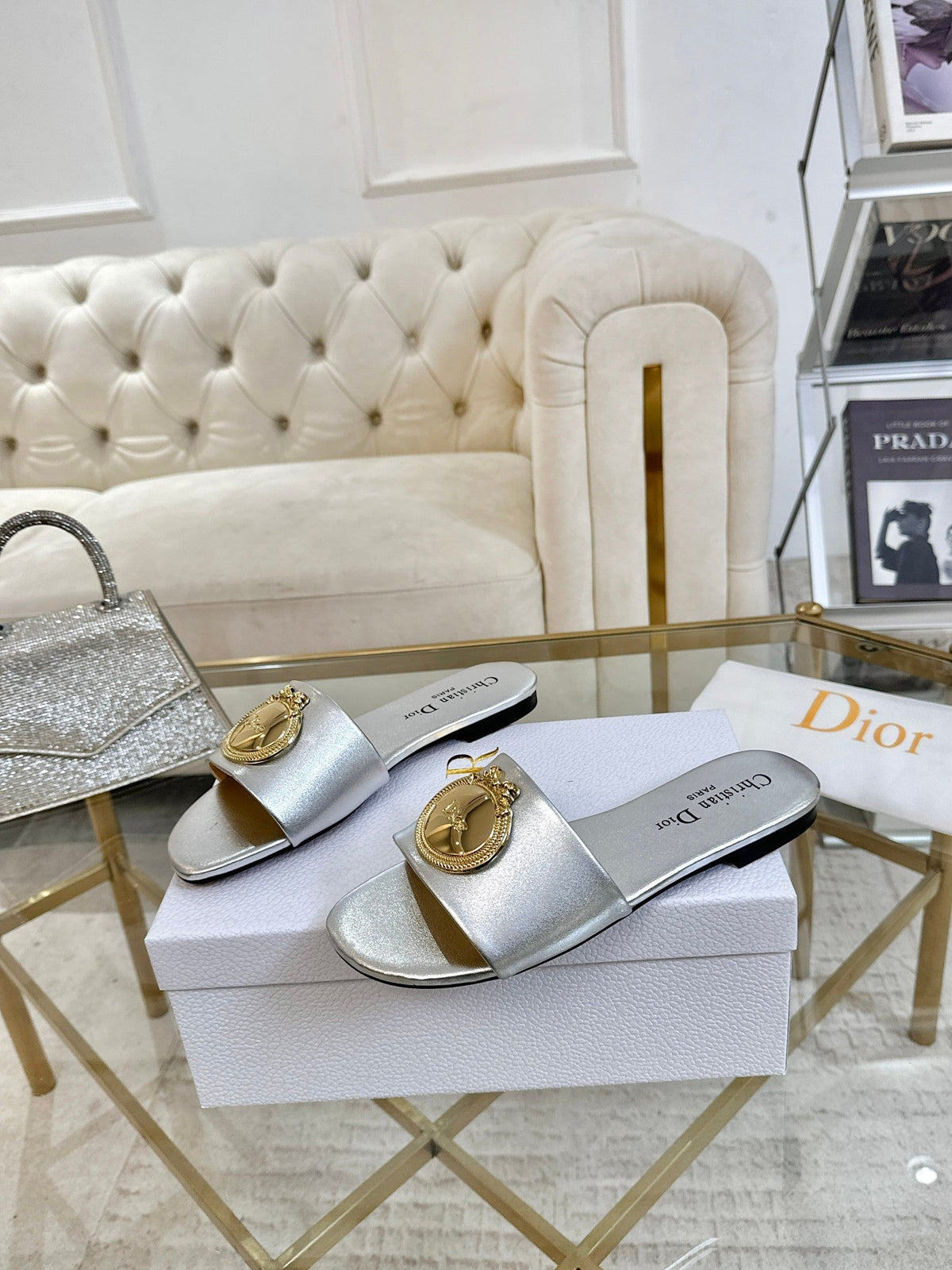 DIOR 26S FLAT SLIDE SANDALS IN SILVER CALFSKIN WITH GOLD HARDWARE