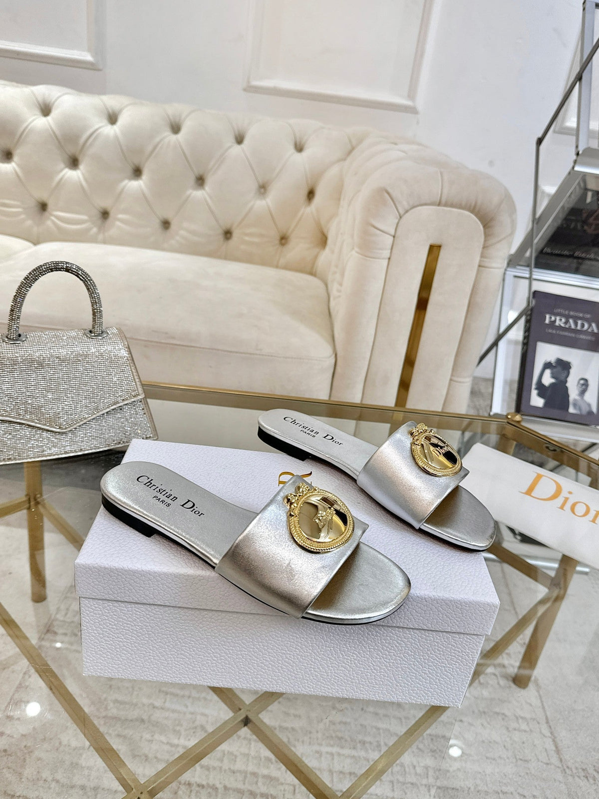 DIOR 26S FLAT SLIDE SANDALS IN SILVER CALFSKIN WITH GOLD HARDWARE