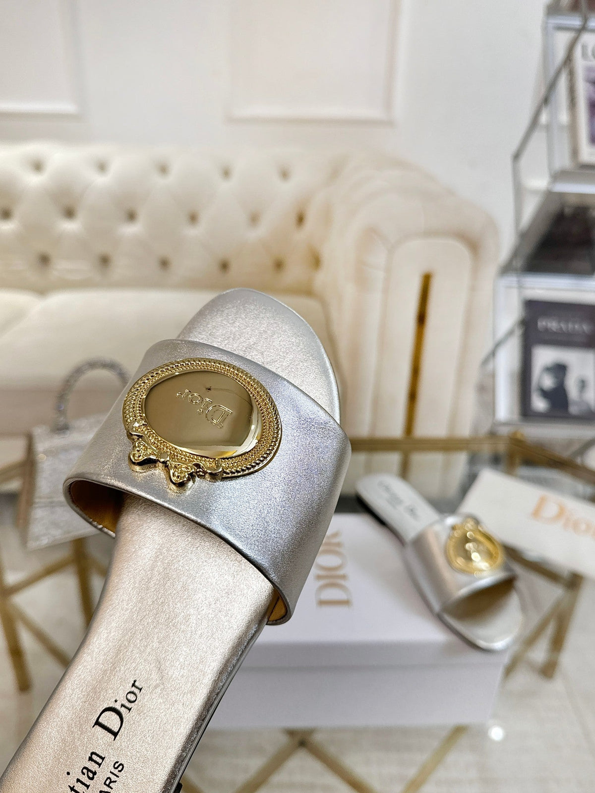 DIOR 26S FLAT SLIDE SANDALS IN SILVER CALFSKIN WITH GOLD HARDWARE