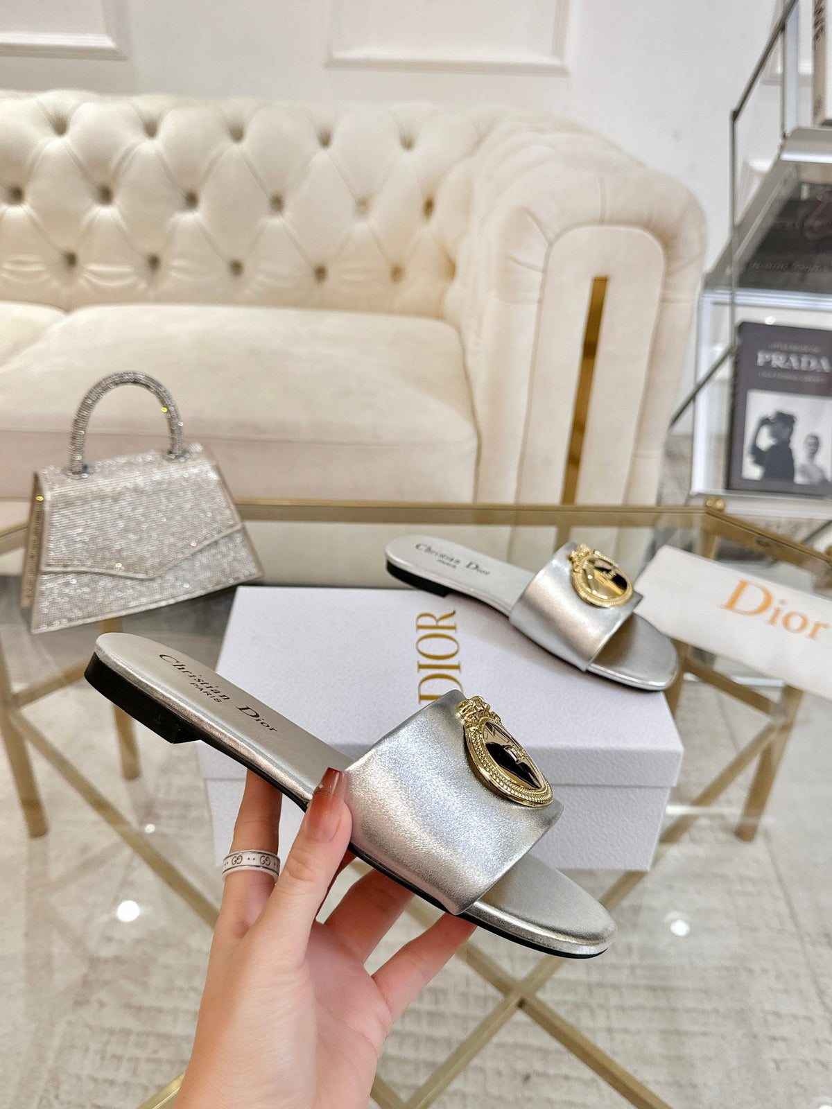 DIOR 26S FLAT SLIDE SANDALS IN SILVER CALFSKIN WITH GOLD HARDWARE