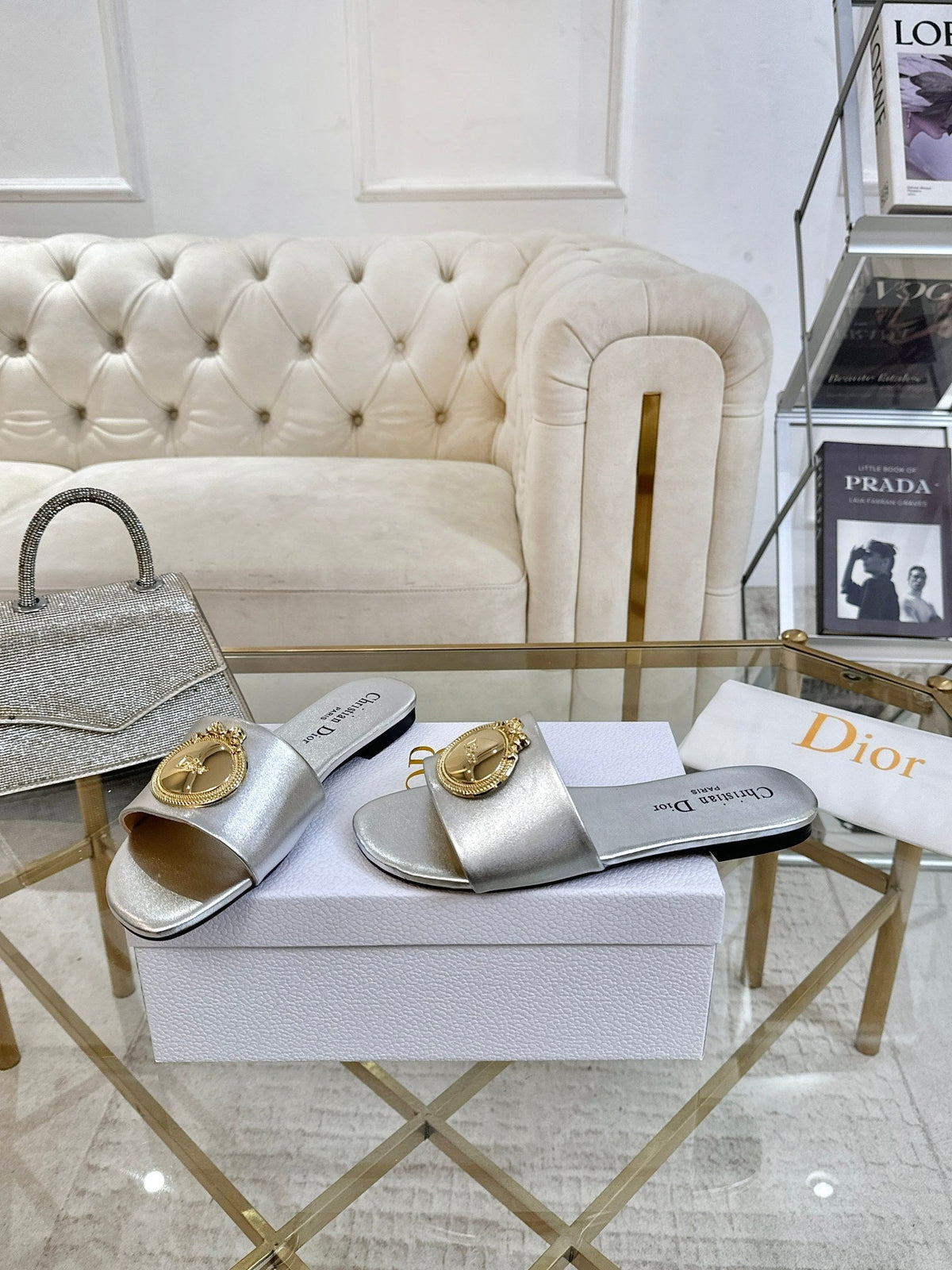 DIOR 26S FLAT SLIDE SANDALS IN SILVER CALFSKIN WITH GOLD HARDWARE