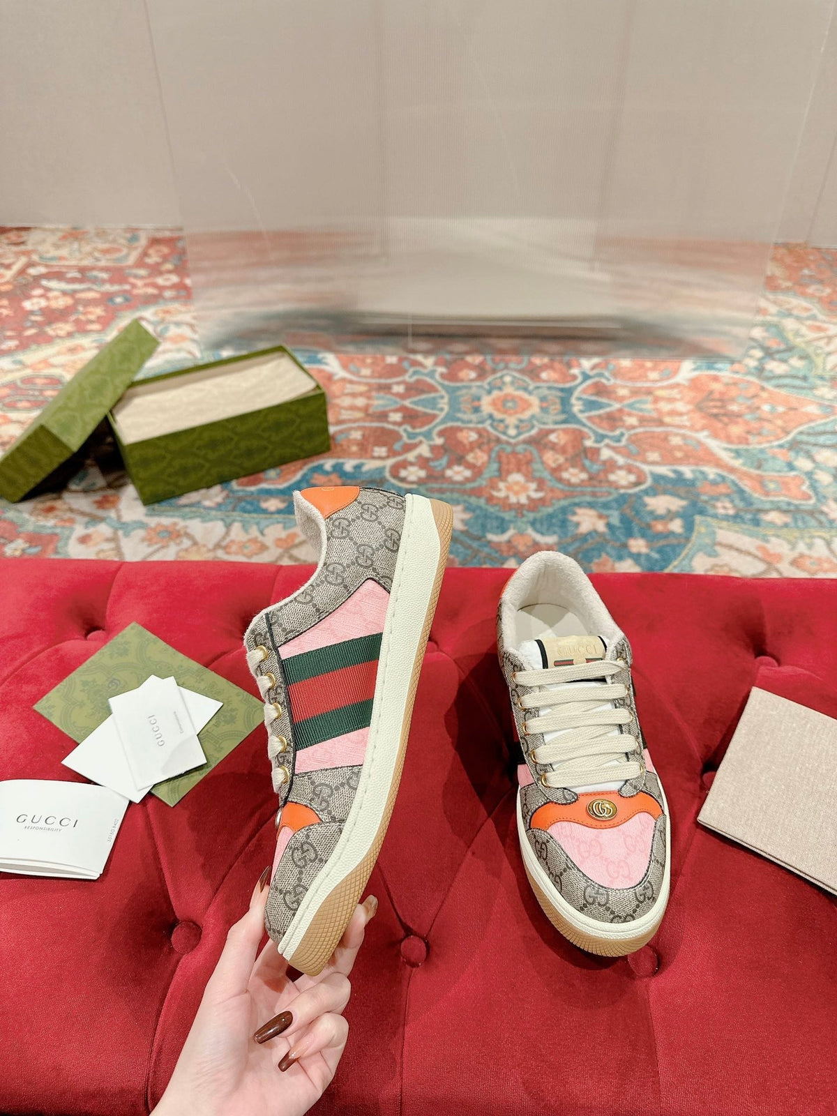 GUCCI 26S SCREENER SNEAKER IN BEIGE MIX LIGHT PINK CANVAS
