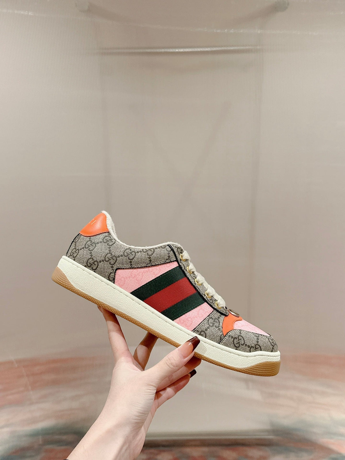 GUCCI 26S SCREENER SNEAKER IN BEIGE MIX LIGHT PINK CANVAS