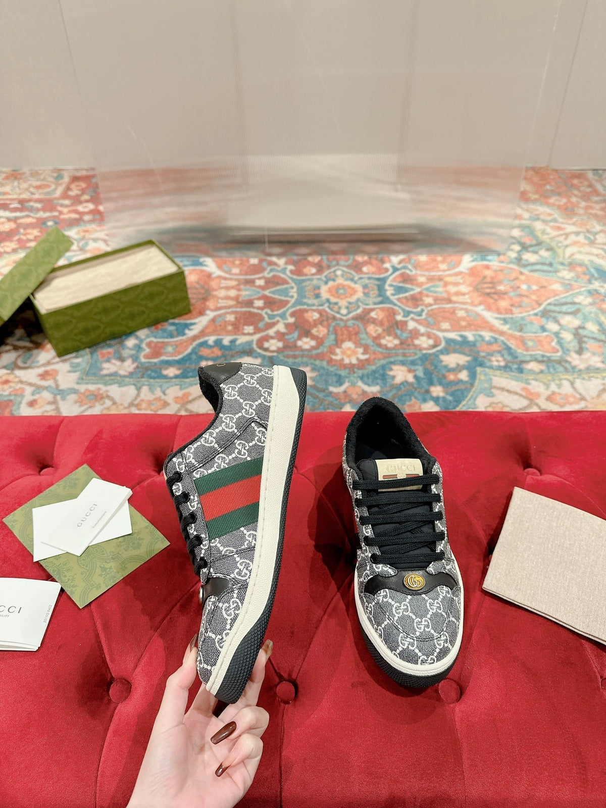 GUCCI 26S SCREENER SNEAKER IN BLACK AND WHITE GG CANVAS
