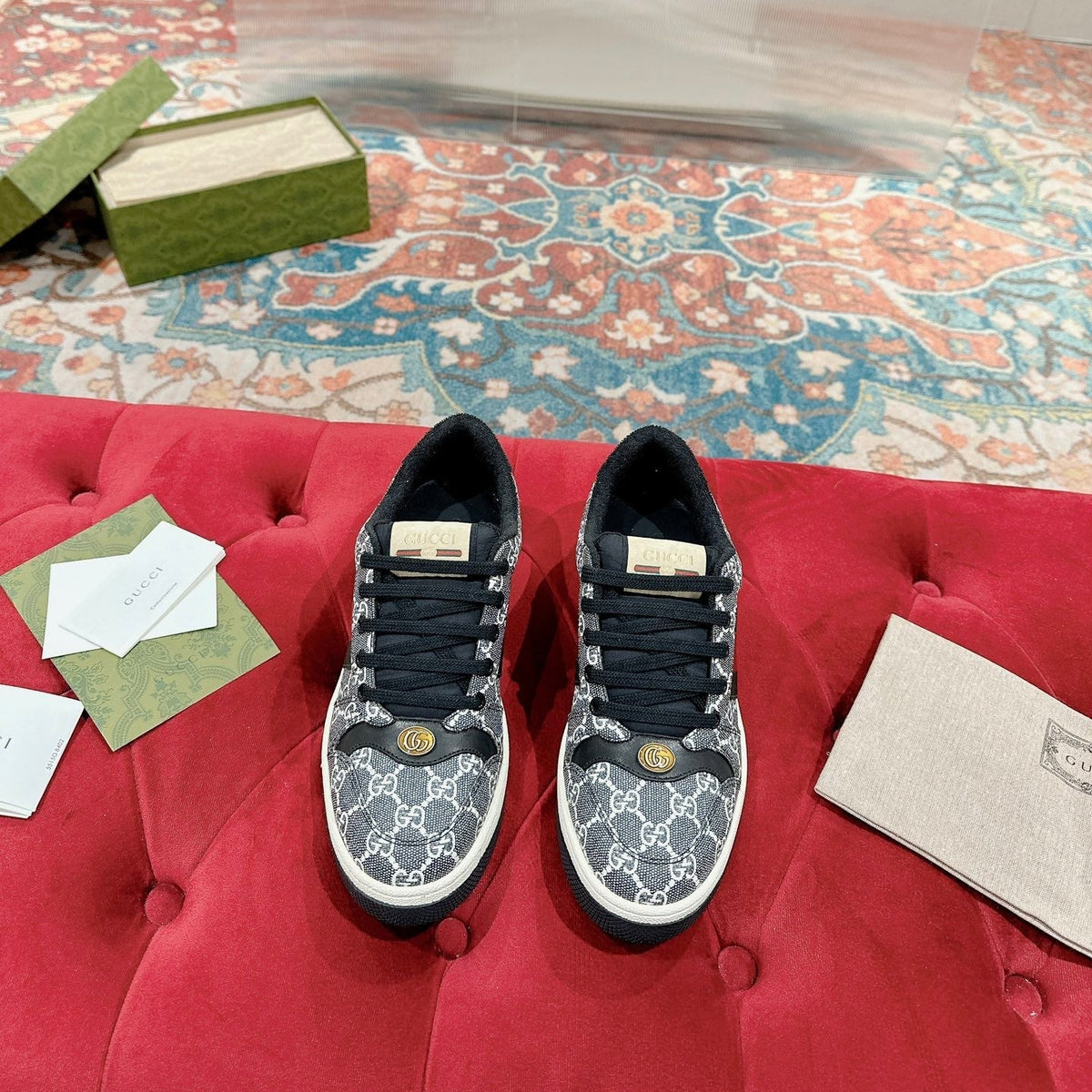 GUCCI 26S SCREENER SNEAKER IN BLACK AND WHITE GG CANVAS